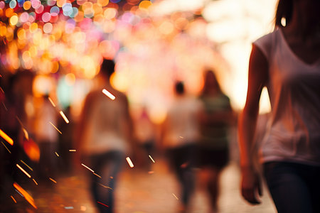 Blurred seaside carnival with rides, crowds, stalls  ideal for event ads or amusement products.の素材