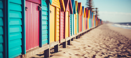 Colorful beach huts and sun umbrellas on a vibrant seaside boardwalk for summer promotionの素材