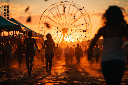 Vibrant seaside carnival with blurred rides and festive crowds, perfect for event promotion.の素材