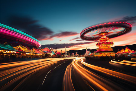Vibrant seaside carnival with lively rides and stalls   ideal for amusement park ads or events.の素材