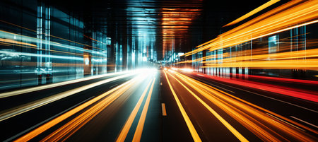 Neon lit retro futuristic metropolis  skyscrapers, hovercars, and fireworks in night skyの素材