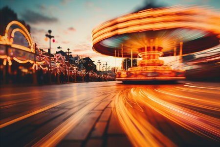Blurred seaside carnival with vibrant stalls and festive crowds, perfect for event advertising.の素材