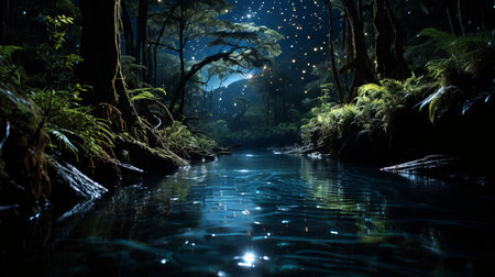 Enchanted forest clearing at midnight with fireflies and fairies celebrating in sparkling glowの素材