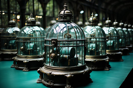 Steampunk laboratory with brass machinery, glowing concoctions, gears, and stained glass windowsの素材