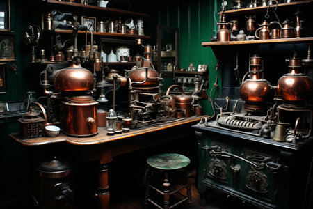 Steampunk laboratory with brass machinery, glowing concoctions, and stained glass windowsの素材