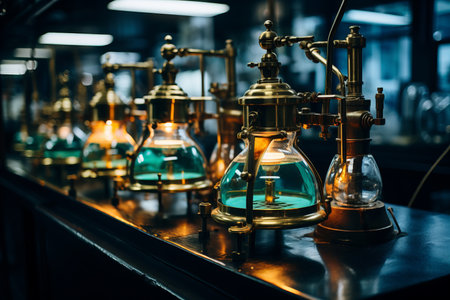 Steampunk laboratory  intricate brass machinery, glowing concoctions   mesmerizing gearsの素材