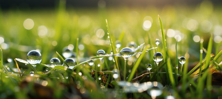 Enchanting and peaceful defocused natural green grass with water droplets bokeh backgroundの素材