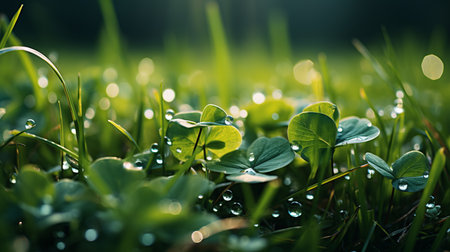 Soft and ethereal bokeh background of natural green grass with sparkling water dropletsの素材