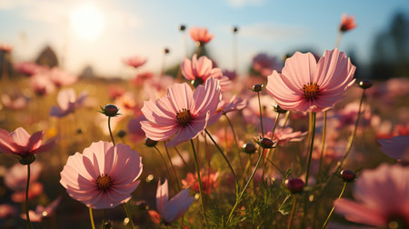 Colorful cosmos flowers in sunlit meadow   beautiful defocused macro close up image with soft focusの素材