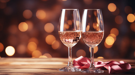 Elegant pink champagne glasses with bokeh lights background for celebration and festive occasionsの素材