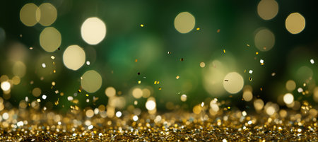 Abstract golden and green glitter bokeh lights background   festive backdrop for special occasionsの素材