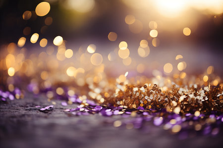 Luxurious purple violet and gold glitter bokeh background with mesmerizing shining textureの素材