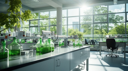 Sleek and organized modern pharmacy interior with blue and white tones for advertising.の素材