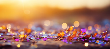 Mesmerizing purple violet and gold glitter bokeh background with captivating shining textureの素材