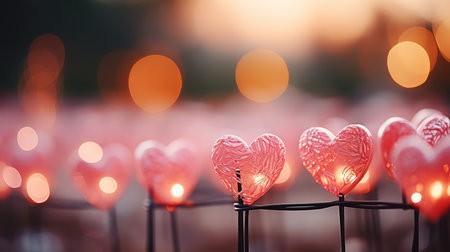 Pink bokeh background with mini heart symbols and light circles for beautiful poster designの素材