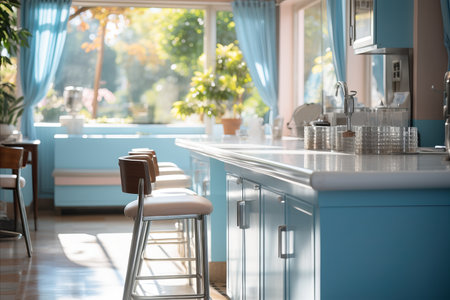 Modern pharmacy interior with sleek furniture, organized displays, blue tones, bokeh effectの素材