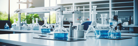 Modern pharmacy interior with sleek furniture and organized displays in blue and white tonesの素材