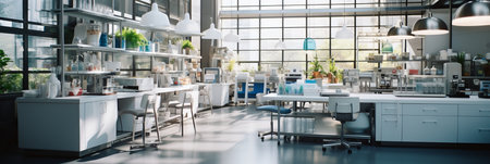 Contemporary pharmacy with sleek furniture and organized displays in light blue and white tonesの素材