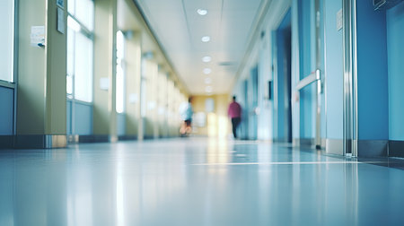 Blurred interior of hospital with sophisticated lighting   abstract background with a medical themeの素材