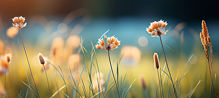 Serene morning sun on summer sky background with magic blur bokeh nature in green and yellow colorsの素材