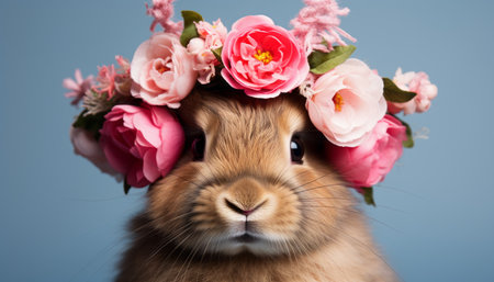 Adorable bunny surrounded by flowers on solid backgroundStudio shot with space for text.の素材