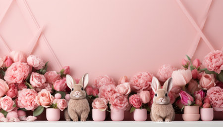 Playful bunny amidst vibrant flowers on solid background   studio shot with text spaceの素材