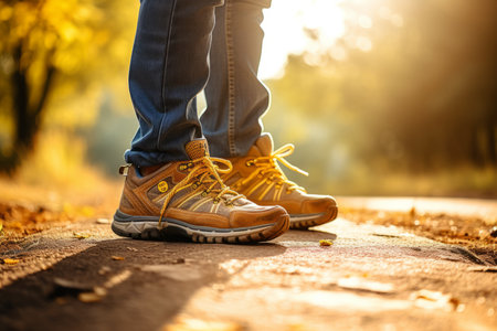 Close up of hiker wearing durable hiking shoes while enjoying outdoor trekking adventureの素材