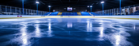 Spectacular view of an empty, immaculate hockey arena with shimmering rink and vibrant spotlightsの素材