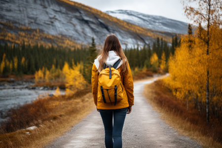 Autumn forest trail with hiker woman amidst fall foliage, showcasing active lifestyle in natureの素材