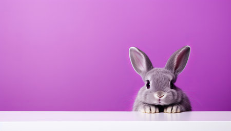 Playful and cute bunny rabbit with fluffy fur on a bright solid color background in studio shotの素材