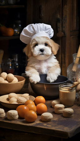 Cute and talented dog wearing a chef hat, passionately cooking nutritious meals for animalsの素材