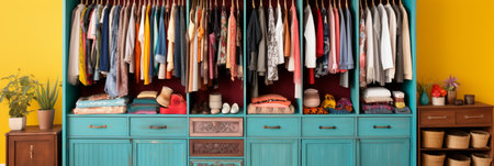 Vibrant and stylish fashion clothes hanging on colorful clothing rack in a fashionable closetの素材