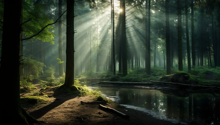 Enchanting misty forest with sunbeams and ethereal sunlight rays illuminating the scenic landscapeの素材