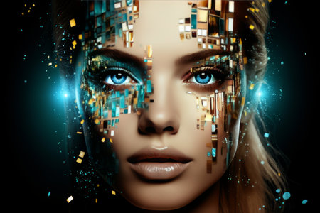 Female robot face with ai concept on abstract digital particles wave background with shining starsの素材