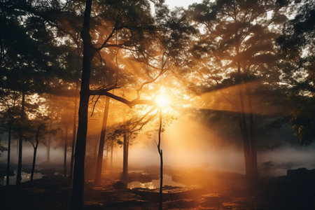Enchanting sunbeams piercing through a mysterious misty forest with brilliant sun raysの素材