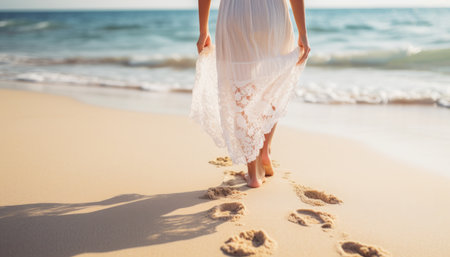 Tranquil beach travel   serene closeup of a woman walking on a picturesque sandy beachの素材