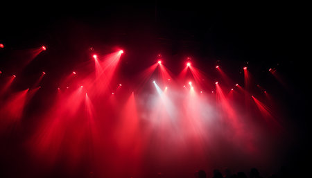 Dramatic red spot light casting a mesmerizing illumination on the captivating stage performanceの素材