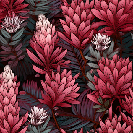 Vibrant floral pattern with red and purple flowers on colorful background for textile designの素材