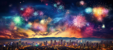 Blurred bokeh fireworks display with vibrant colors and elegant city skyline in backgroundの素材