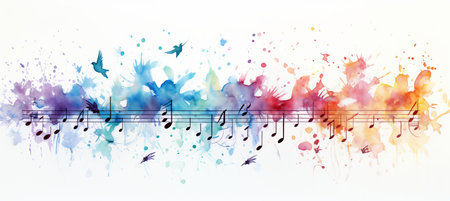 Multicolored musical abstract background with flying neural network musical notes on white backdropの素材