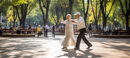 Joyful and energetic senior citizens embracing the joys of life through lively dancing in the parkの素材