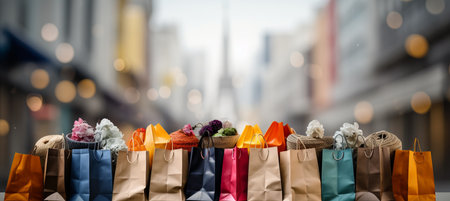 Vibrant bokeh with shopping bags, online icons, and modern twist for retail and e commerce.の素材