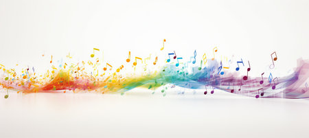 Vibrant multicolored abstract music background with flying musical notes on white backdropの素材