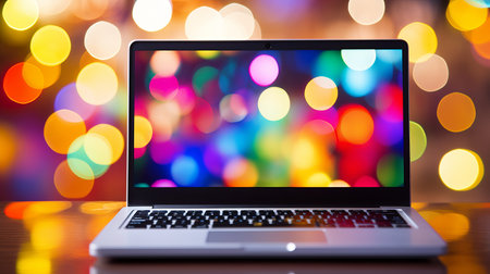 Sleek laptop on desk with vibrant abstract bokeh background and colorful abstract shapesの素材