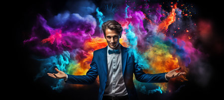 Magician performing tricks in a blurred bokeh background with colorful smoke and floating objectsの素材
