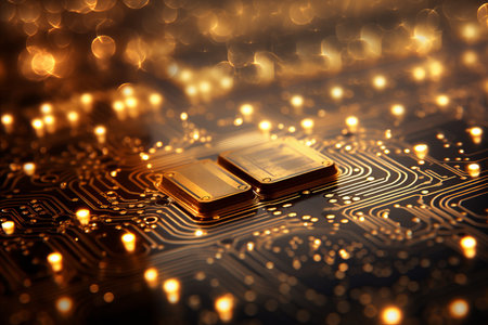 Close up of computer chip circuitry with glowing components on dreamy bokeh backgroundの素材