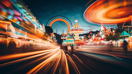 Colorful carnival at night with blurred bokeh effect, featuring rides, games, and food stallsの素材