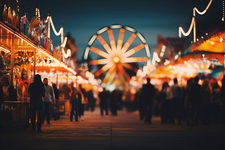 Blurred bokeh of vibrant carnival night with rides, games, and food stalls against dark skyの素材