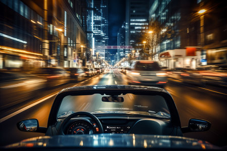 Blurred bokeh effect  self driving car navigating busy city street in urban environmentの素材