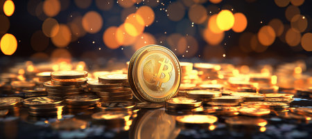 Blurred bokeh effect with blockchain and cryptocurrency symbols in a finance inspired design conceptの素材